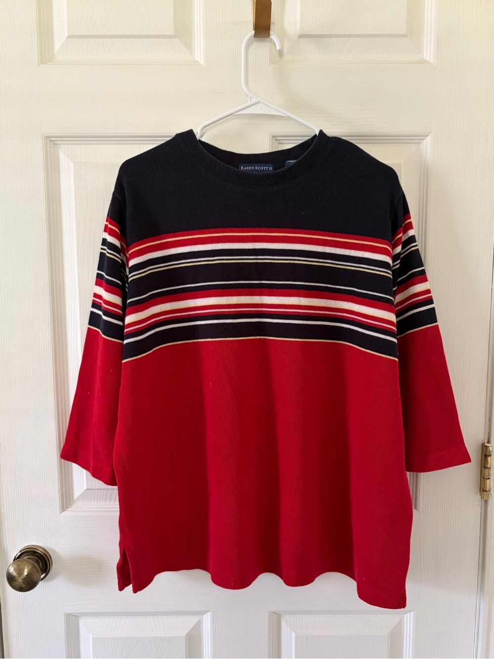 Karen Scott Red, Black & White Striped Crewneck Sweater